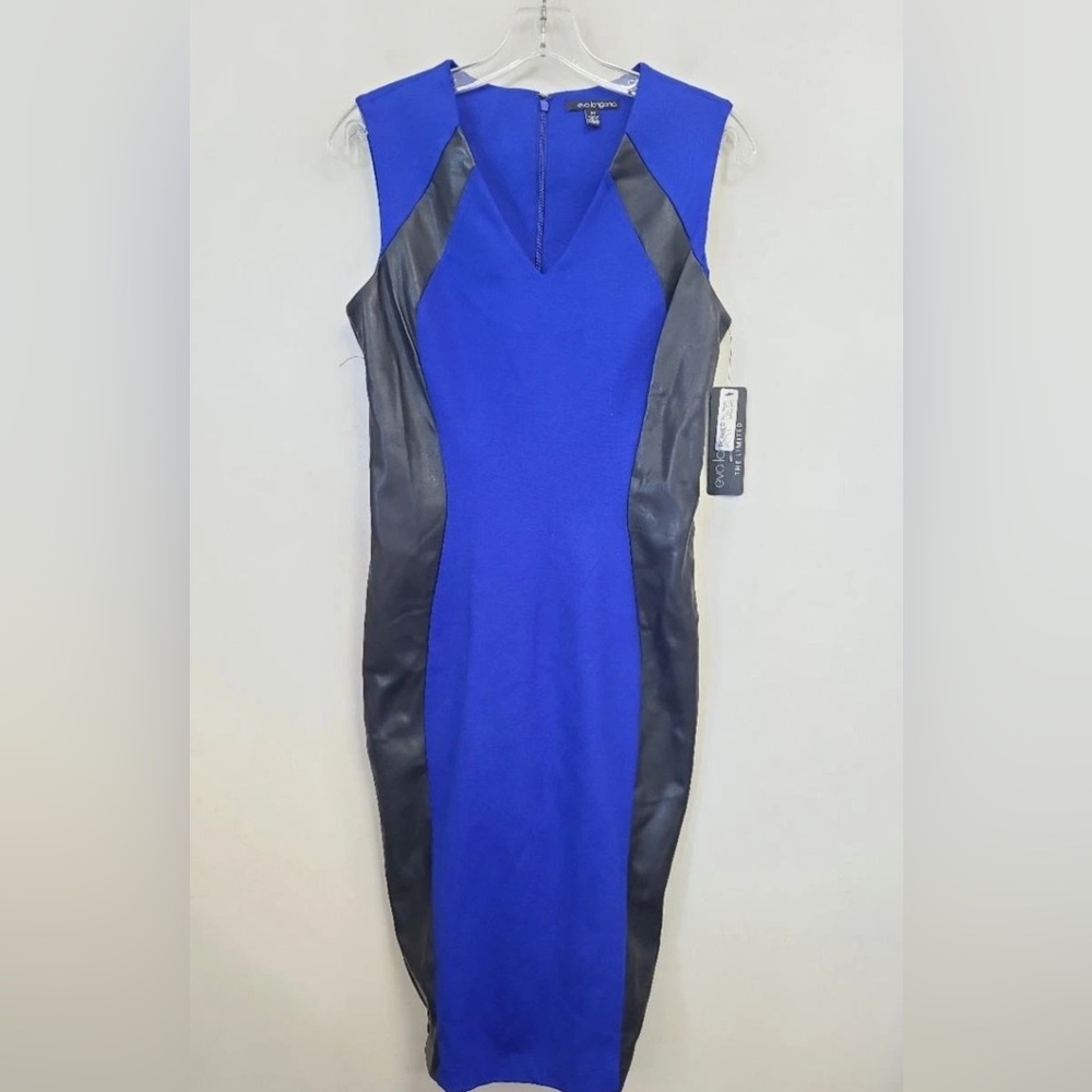 THE LIMITED Eva Longoria Ponte Blue with Black‎ Faux Leather Dress